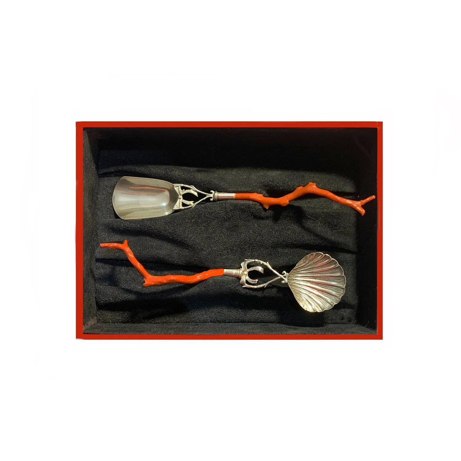 Pair of spoons in ancient Sciacca coral and sterling silver, for sugar and parmesan powder.