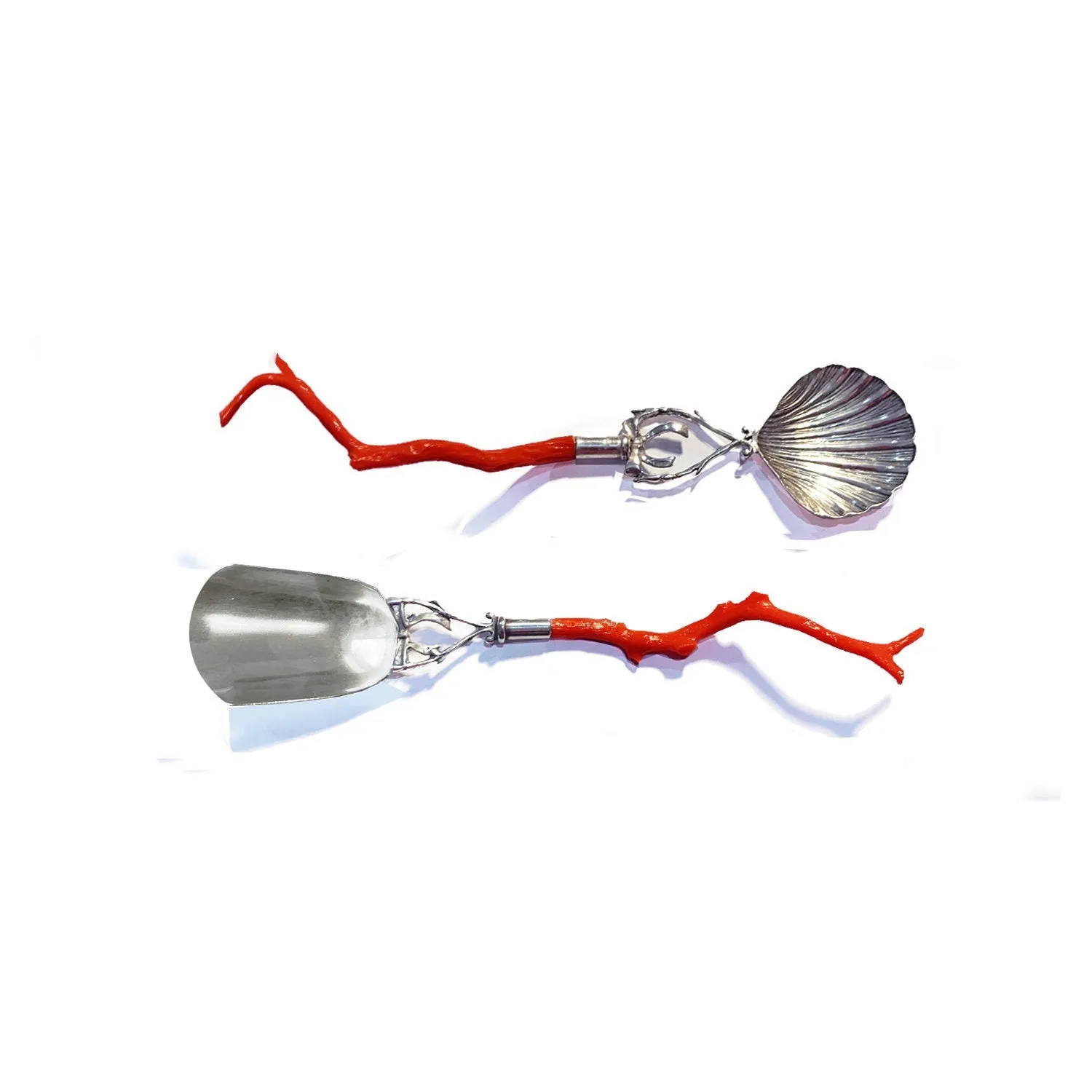 Pair of spoons in ancient Sciacca coral and sterling silver, for sugar and parmesan powder.