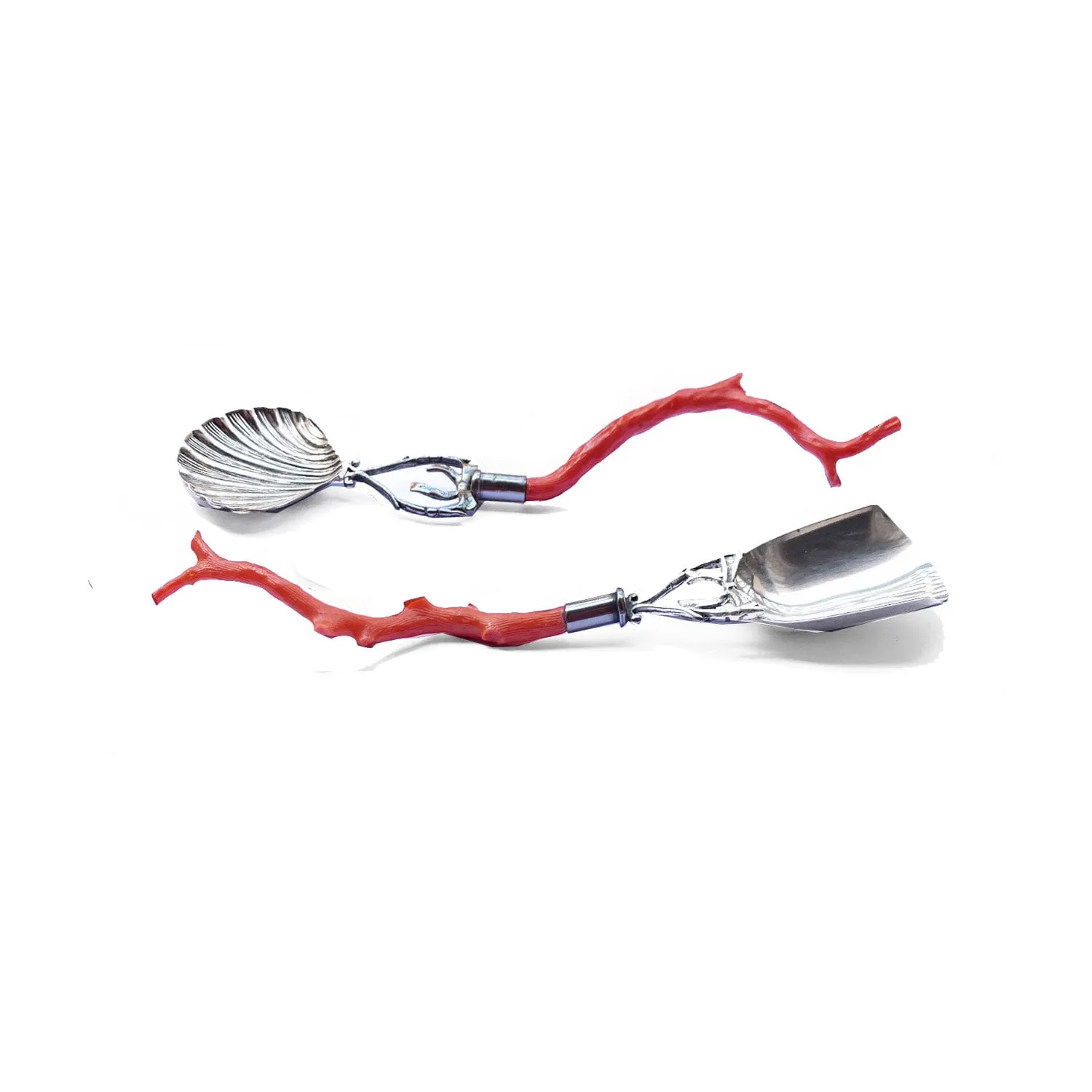 Pair of spoons in ancient Sciacca coral and sterling silver, for sugar and parmesan powder.