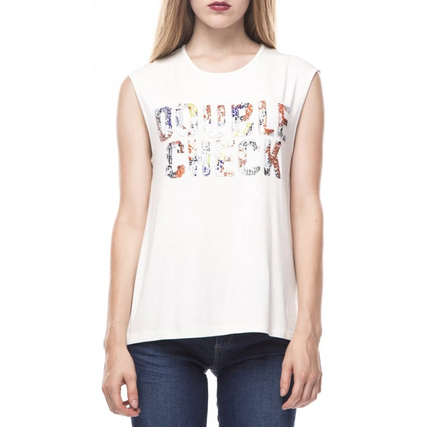 PEPE.JEANS - Women 'Cream' Double Check Print Sleeveless Slim T-shirt PJ030