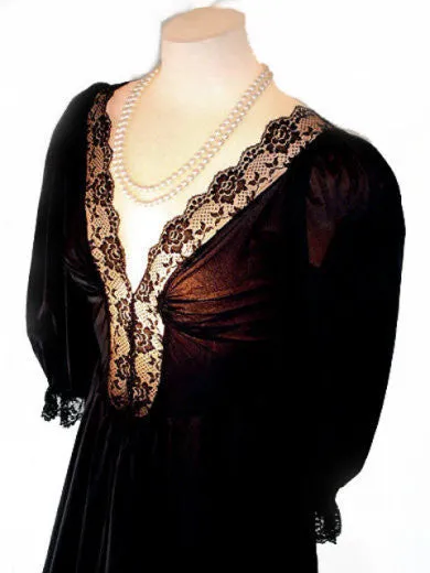 *RARE STYLE VINTAGE LADY CAMEO DALLAS OLGA-LOOK SPANDEX LACE NIGHTGOWN WITH SLEEVES IN BLACK PEARL- EXTRA LONG 54" - 55"