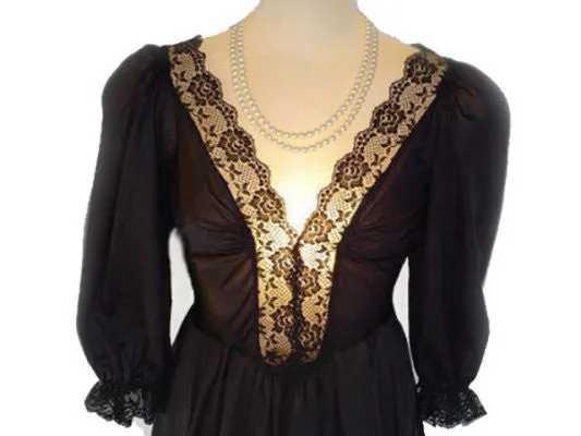 *RARE STYLE VINTAGE LADY CAMEO DALLAS OLGA-LOOK SPANDEX LACE NIGHTGOWN WITH SLEEVES IN BLACK PEARL- EXTRA LONG 54" - 55"