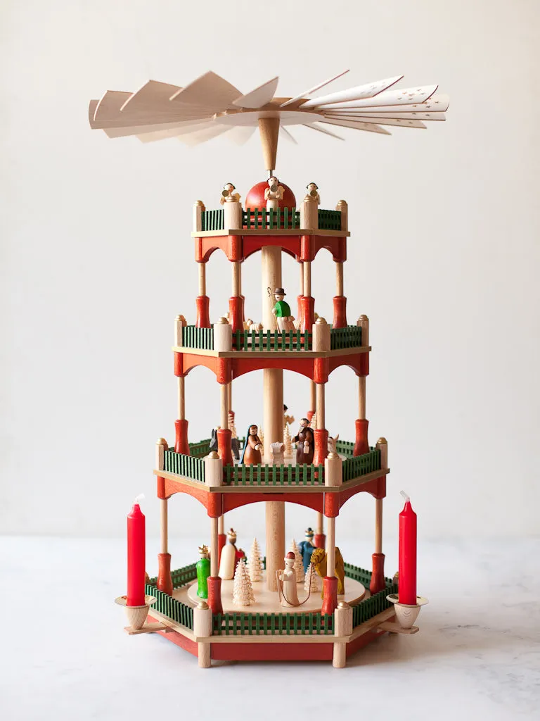 Red & Green Three-Tier Nativity Pyramid