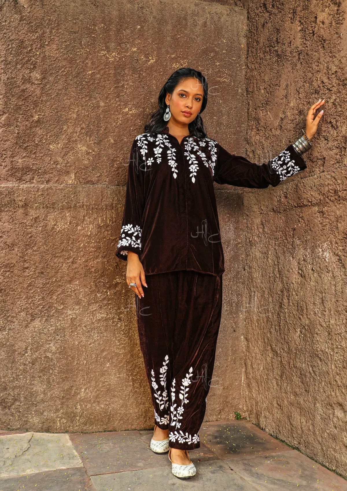 Rumi Chikankari Velvet Straight Shirt Set