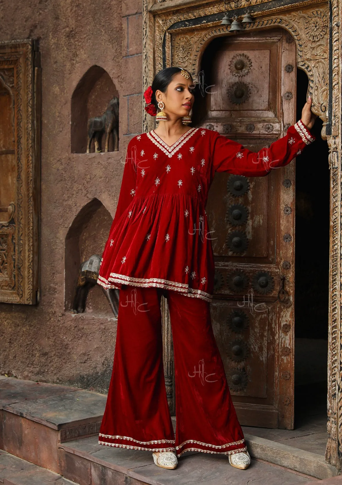 Rumi Embroidered Velvet A-line Kurta Set