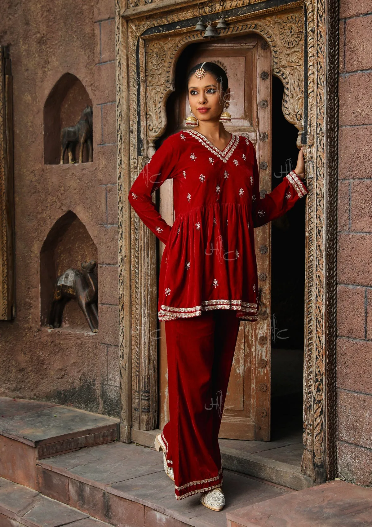 Rumi Embroidered Velvet A-line Kurta Set