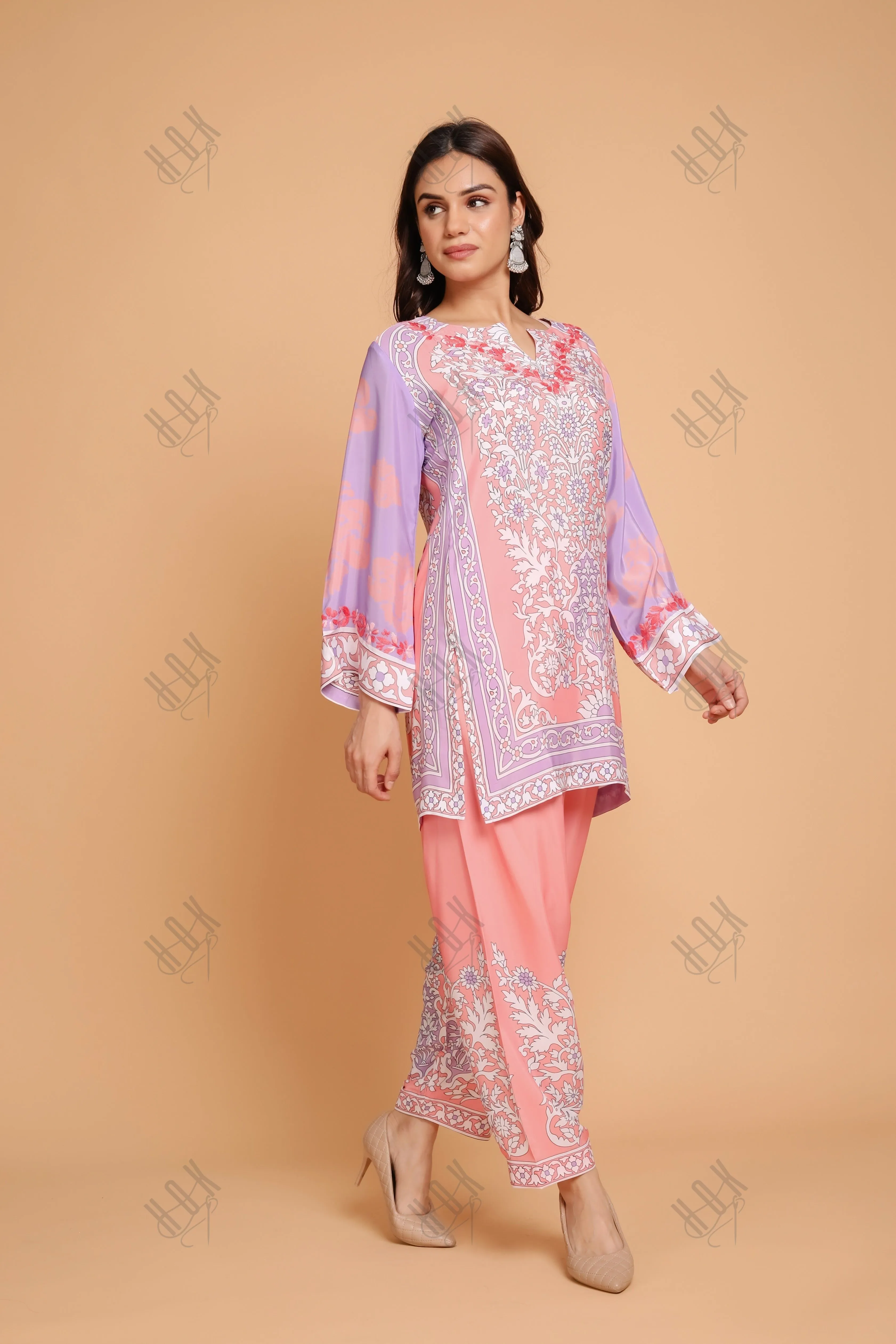 Saba Chikankari Printed Polysilk Set for Women - Pink