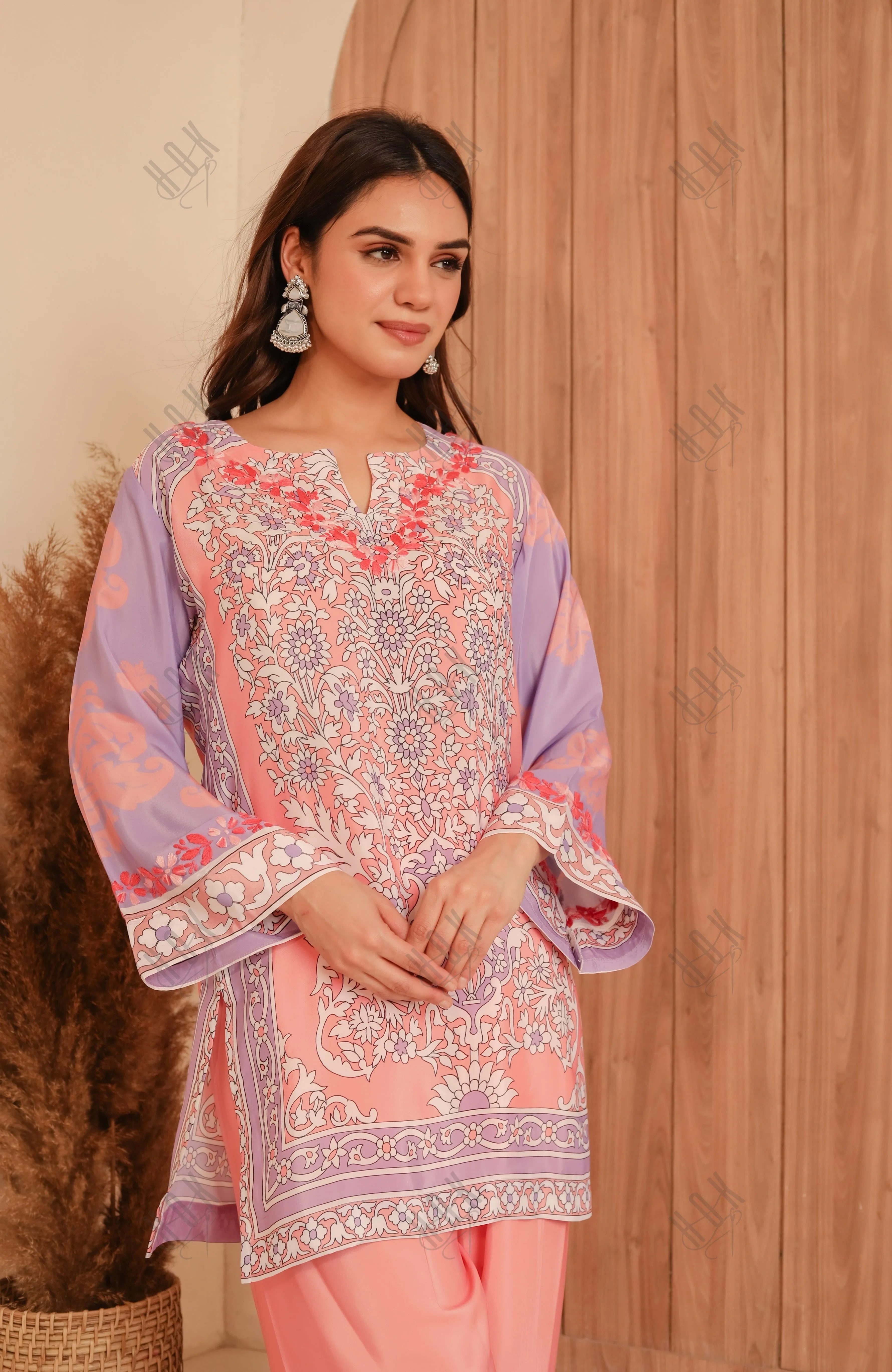 Saba Chikankari Printed Polysilk Set for Women - Pink