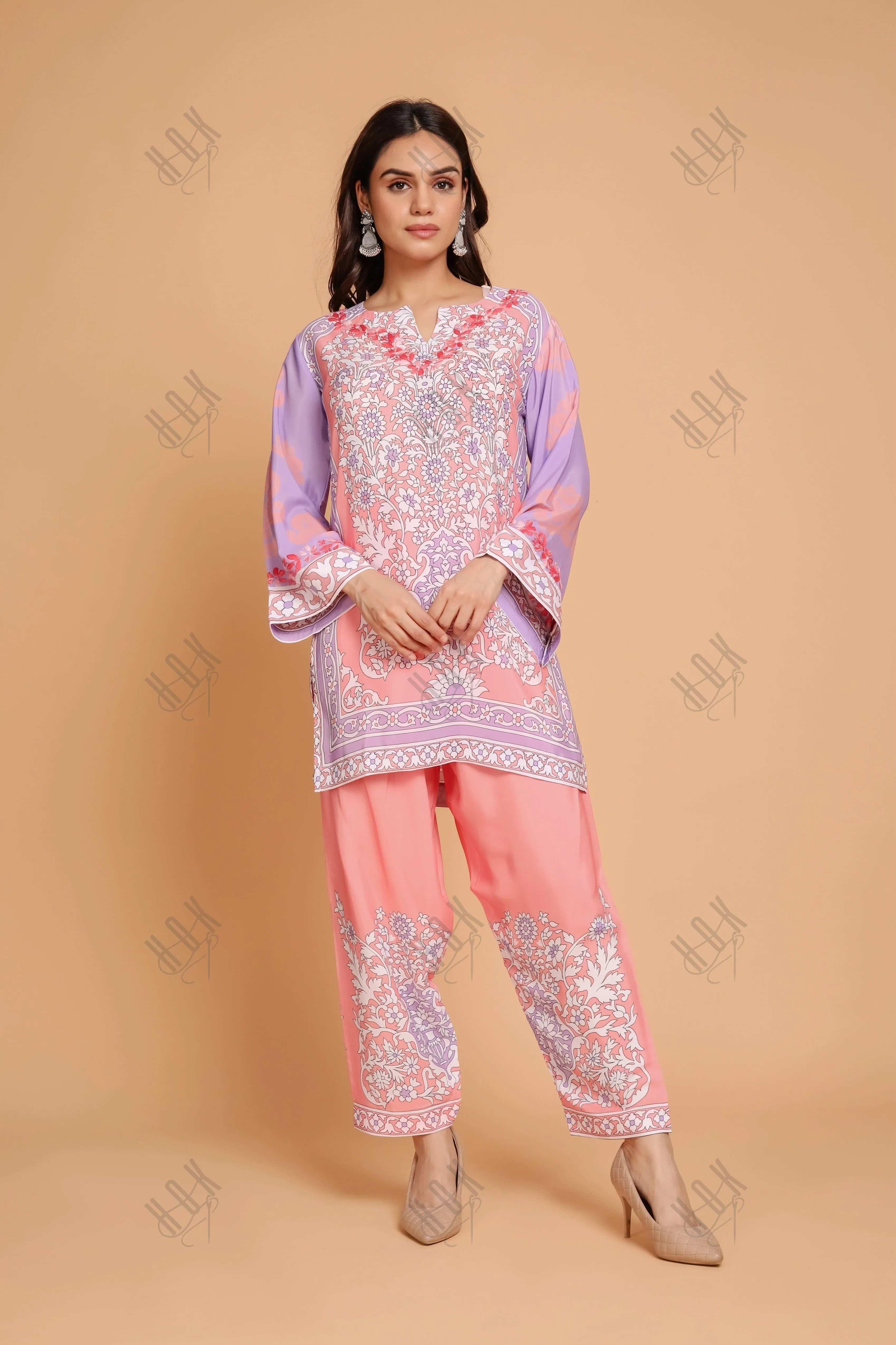 Saba Chikankari Printed Polysilk Set for Women - Pink