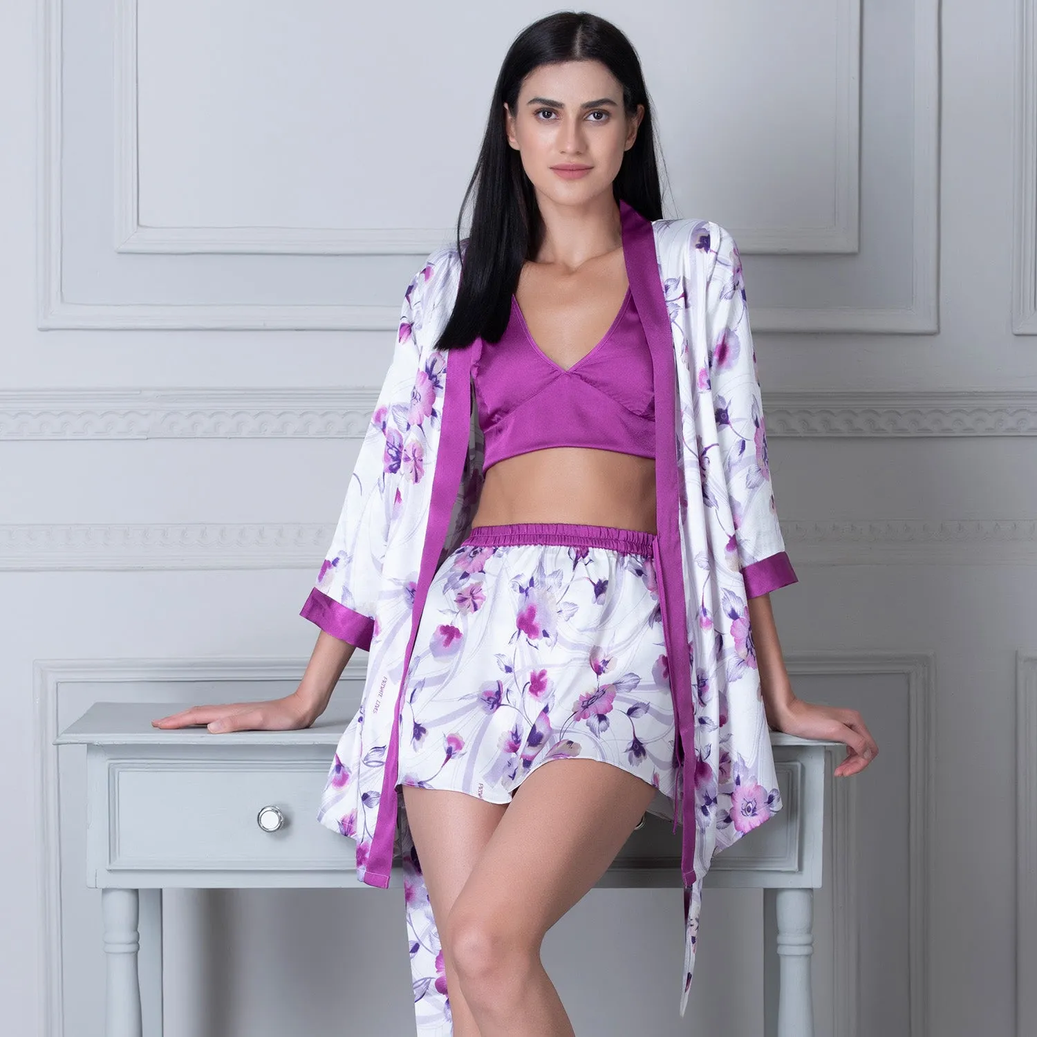 Satin Top & Skirt with Robe Purple & White