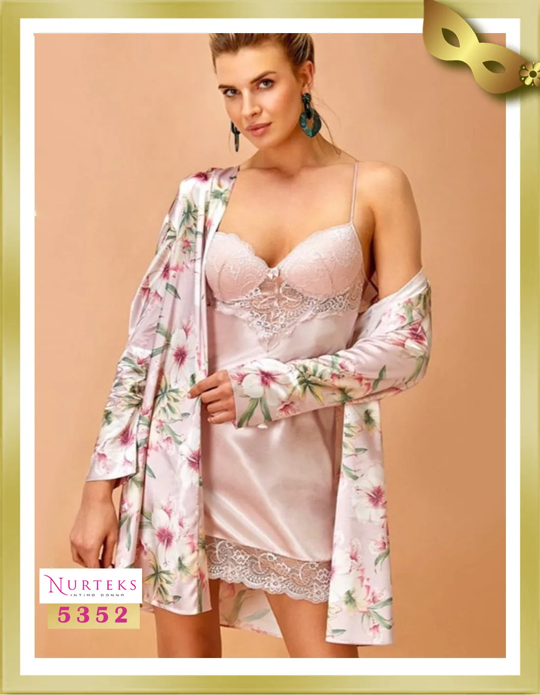 Satin with Lace Lingerie Nightgown with Robe Set 5352