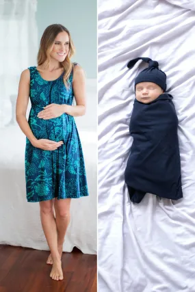 Sloane 3 in 1 Labor Gown & Navy Newborn Swaddle Blanket Set