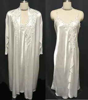 SOLD - BEAUTIFUL BRIDAL ALEXANDRA NICOLE LACE APPLIQUES, PEARLS & SEQUINS SATIN BRIDAL PEIGNOIR & NIGHTGOWN SET IN MOONLIGHT