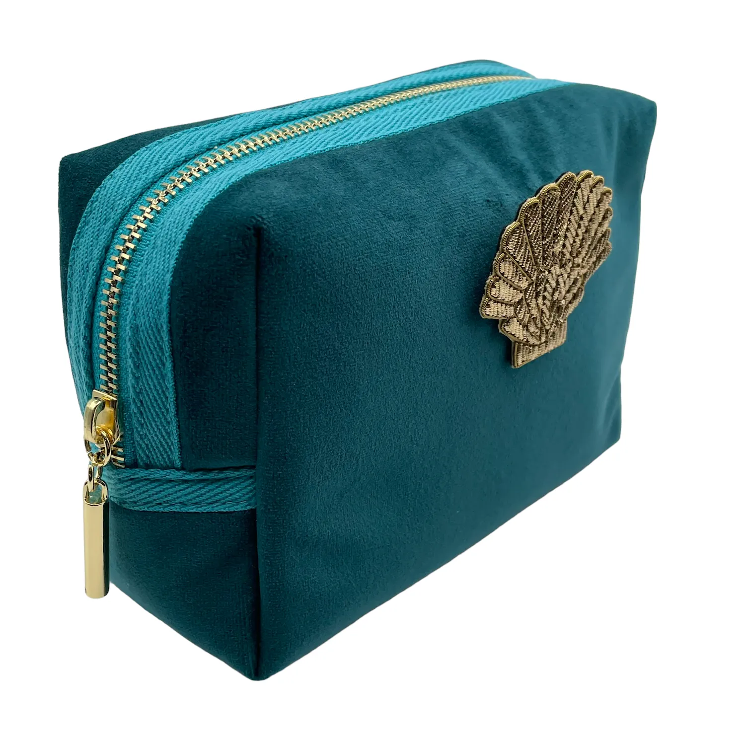 Teal make-up bag & gold shell - recycled velvet