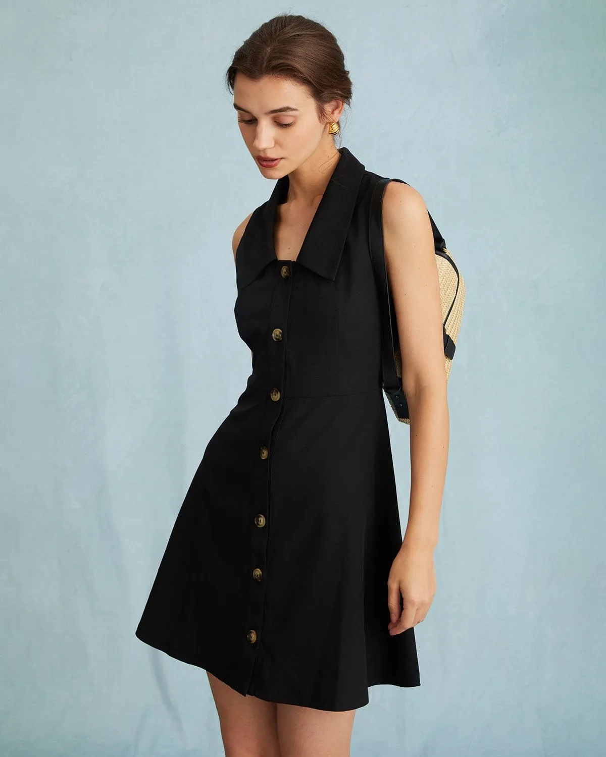 The Black Collared Sleeveless A Line Shirt Mini Dress