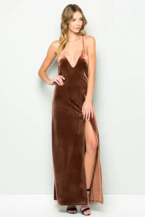 THE MYSTYLEMODE COPPER VELVET DEEP V NECK SIDE SLIT MAXI DRESS