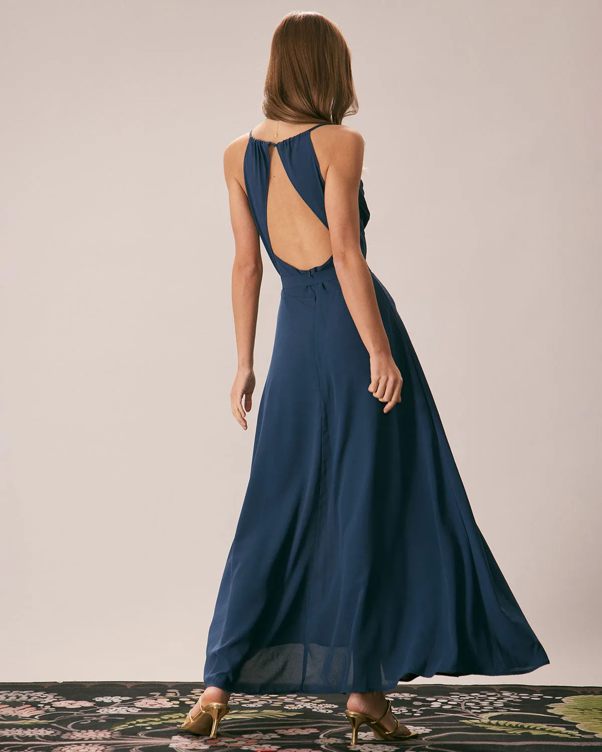 The Navy Cowl Neck Cutout Back Maxi Dress