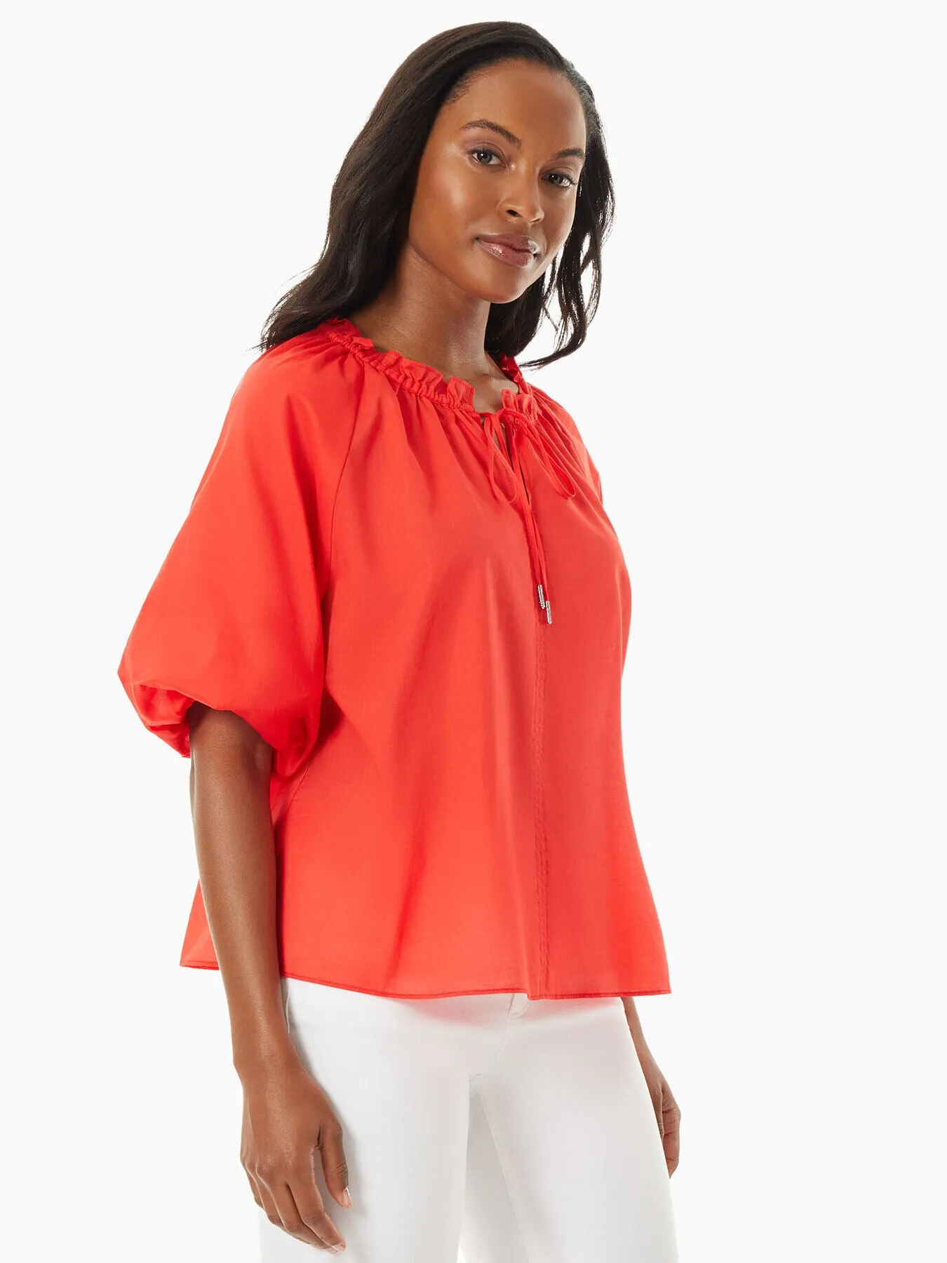 Tie-Neck Puff Sleeve Cotton Peasant Blouse