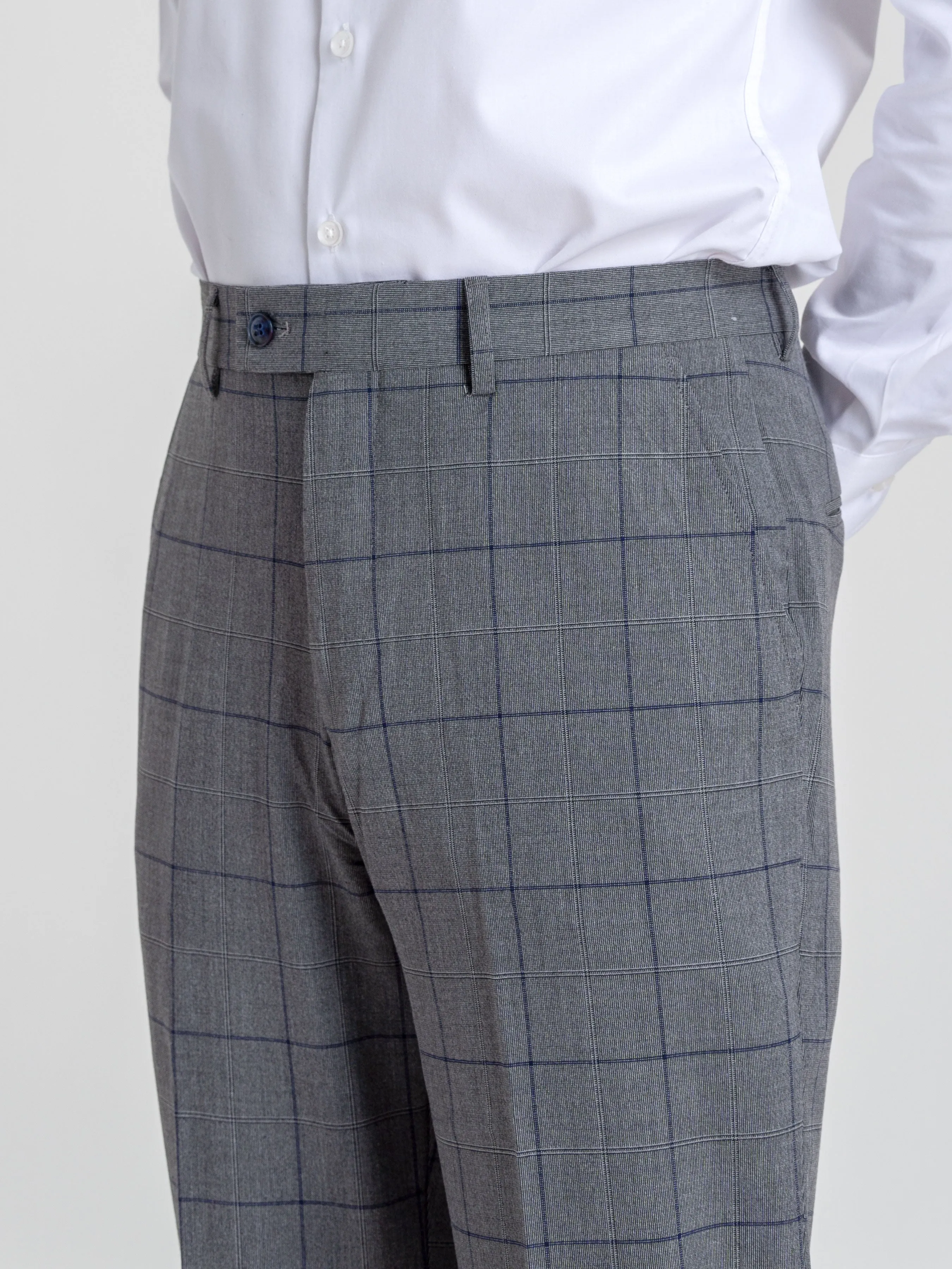 Trousers With Belt Loop - Dark Grey With Blue Line Windowpane Checkered (Stretchable)