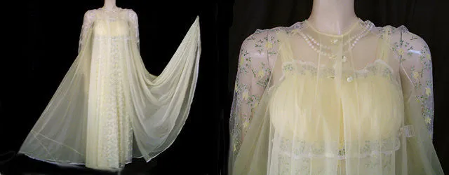 *VINTAGE RARE MERLE NORMAN TULLE & NYLON GRAND SWEEP PEIGNOIR & NIGHTGOWN SET IN LEMON & LIME - NEARLY 24-1/2 FOOT GRAND SWEEP!