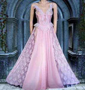 *VINTAGE ROMANTIC FAIRYTALE “TREASURE” BY FARIS LACE RUFFLE GRAND SWEEP BUSTIER-LOOK NIGHTGOWN IN BREATHTAKING PINK