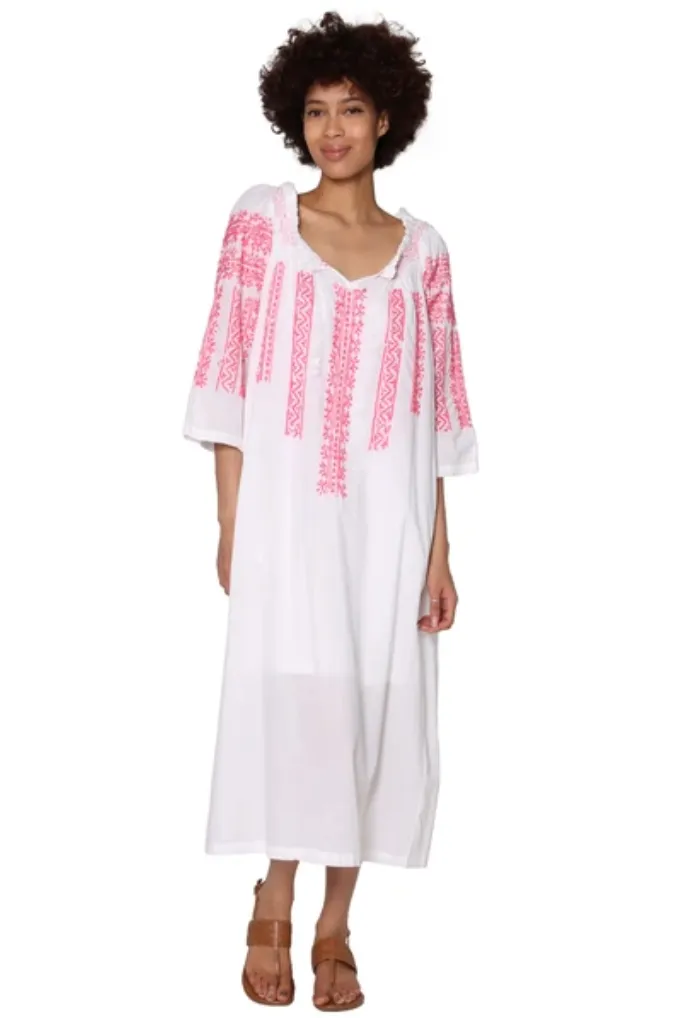 White Smock-Necked Midi Nightgown with Embroidery