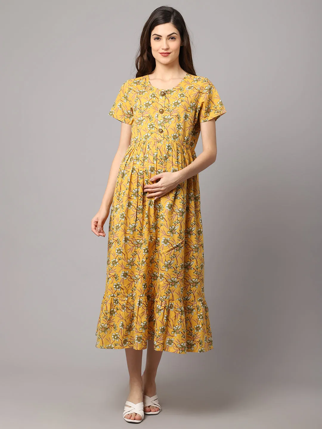 Women's Cotton Floral Printed Pre and Post Maternity Dress