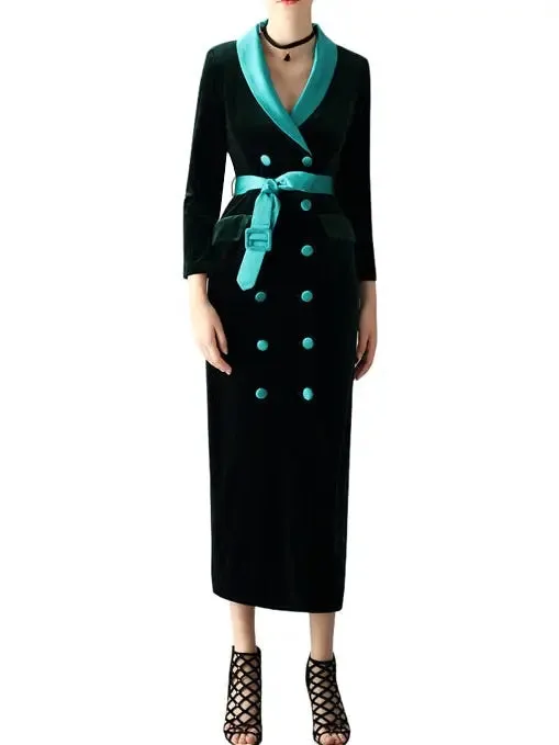 Women’s Double-Breasted Belted Velvet Midi Dress, Green