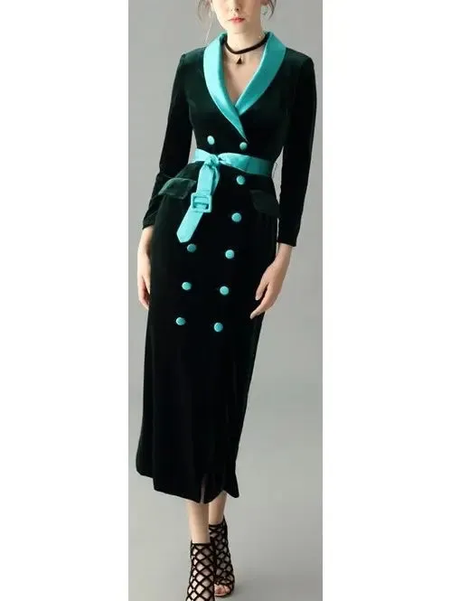 Women’s Double-Breasted Belted Velvet Midi Dress, Green